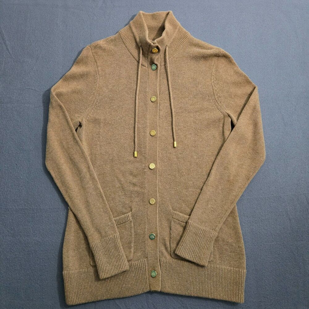 Banana Republic Cardigan Sweater Women XS Brown Gold Buttons Mock Neck